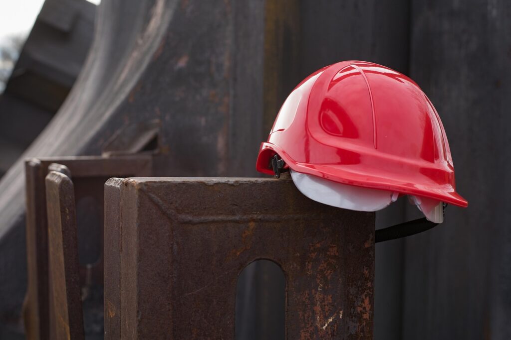 helmet, work protection, construction, metal, iron, red, industry, building, safety